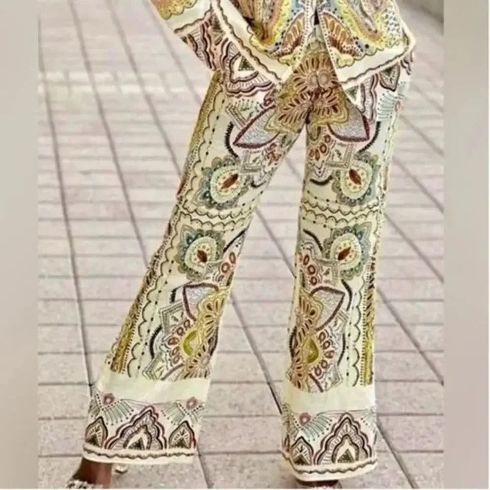 Zara Linen Blend Paisley Mandala Floral Print Wide Leg Ankle Flare Pants XXL - Picture 1 of 16